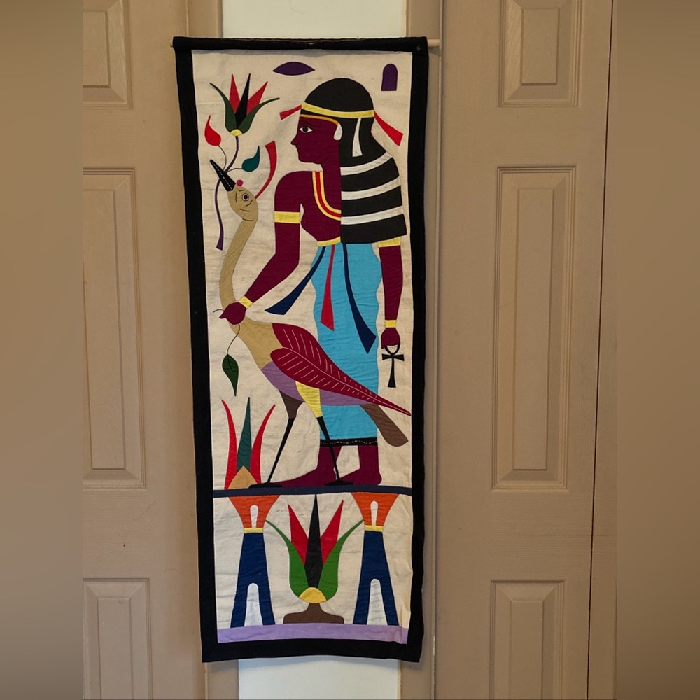 VTG Egyptian Cleopatra Khayamiya Hand Stitch Applique Wall Hanging 17 X 44 in